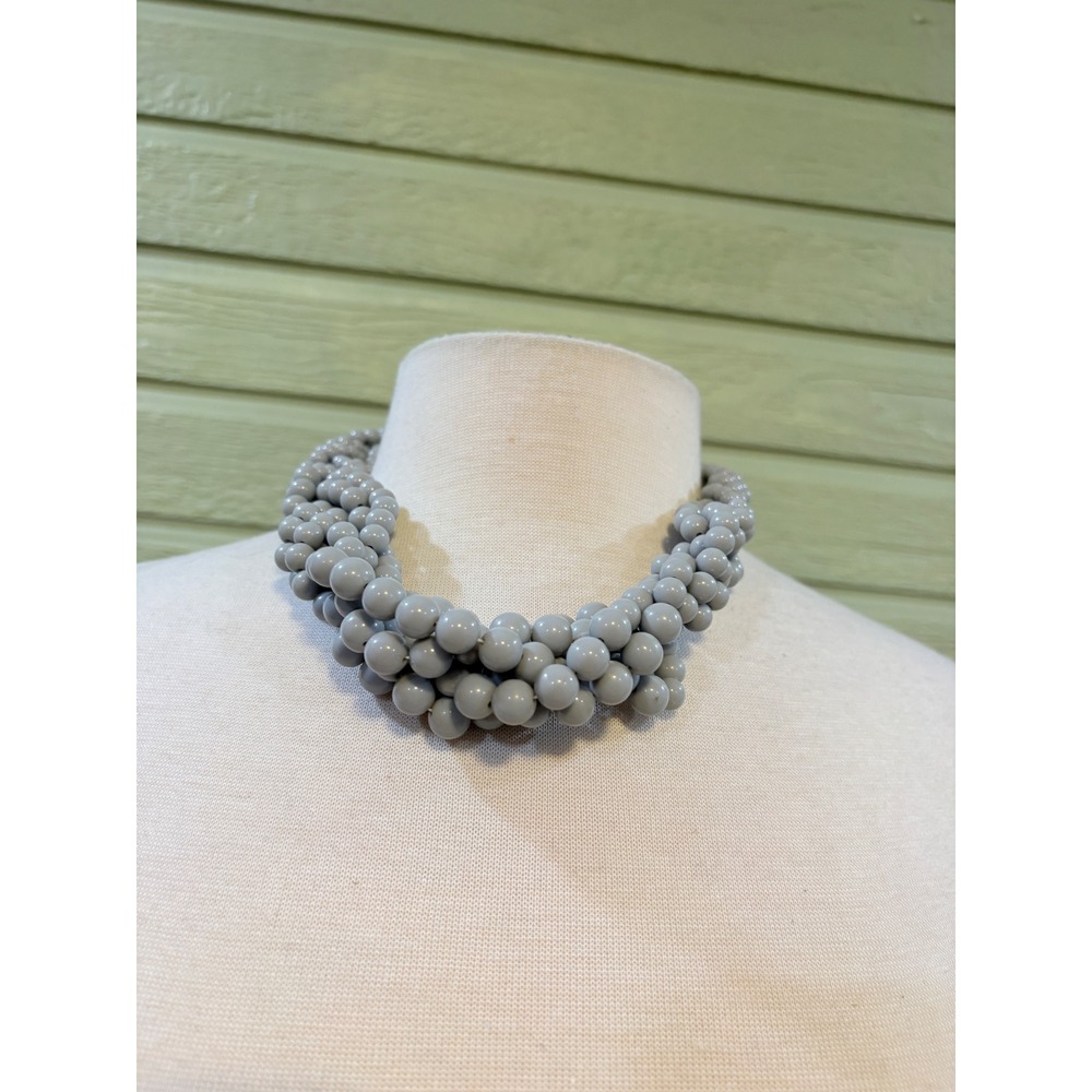 Grey Multi Strand Chunky Bead Bib Statement Necklace Gold Tone Extender